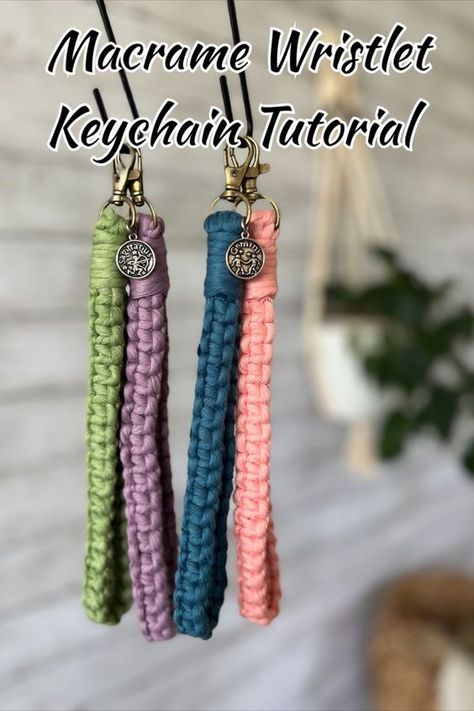 Grab your macrame cord, scissors, and a keychain clasp and lets make a wristlet! Easy beginner macrame tutorial Square Knot Macrame Keychain, Braided Macrame Wristlet, 2 Color Macrame Keychain, Things To Make With Macrame Cord, Macrame Wristlet Tutorial, Macrame Key Chains Patterns, Macrame Wristlet Keychain Tutorial, Yarn Keychain Diy Easy, Macrame Keychain Ideas