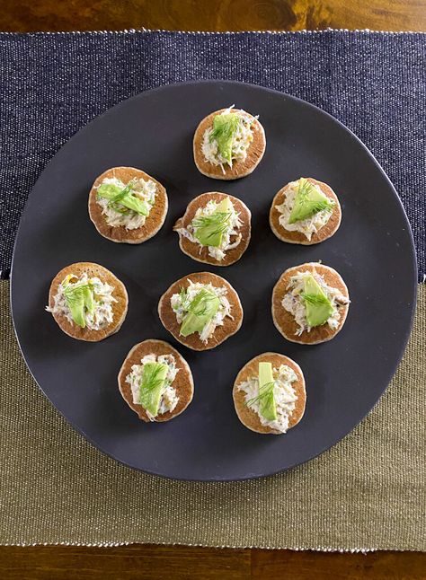 Buckwheat Blini with Crab Salad — Cooks Without Borders Smoked Trout Pate, Crab Salad Recipe, Smoked Trout, Dungeness Crab, Crab Salad, Pastry Bag, Crab Meat, Buckwheat, Instant Yeast