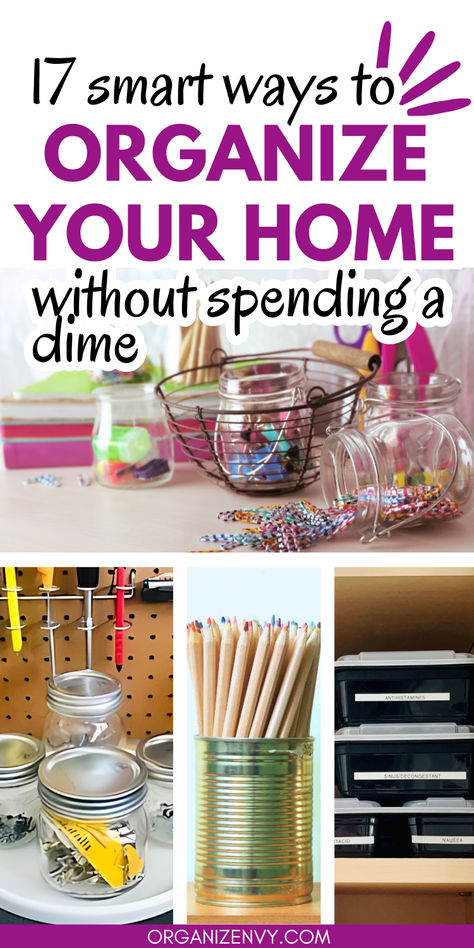 Collage of photos showing ways to repurpose common household items into storage organizers Free Storage Ideas, Home Decor Ideas Organizing, Best Organization Hacks, Organizing Hacks For Small Spaces, Cheap Home Organization Ideas, Easy Diy Organization Ideas, Space Saving Organization Ideas, Cheap Organization Hacks, Organise Home