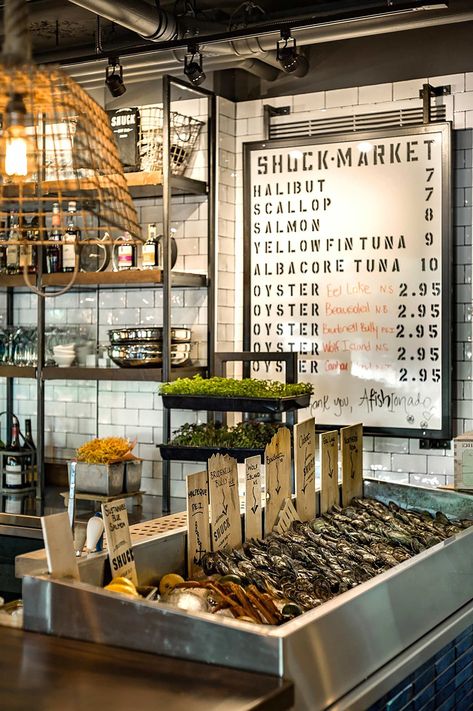 Hospitality Interior Design | Shuck Seafood + Raw Bar — D360 Inc. Fish Shop Design Interiors, Oyster Restaurant Design, Oyster Bar Design, Oyster Display, Raw Oyster Bar, Holiday Seafood Recipes, French Seafood, Oyster Bar Restaurant, Seafood Sandwiches