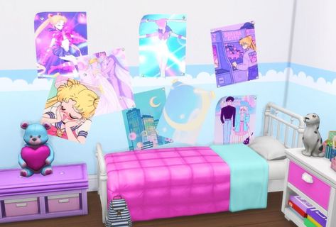 I Create Bedroom Sets for The Sims 4 — Anime Posters For The Sims 4 I made some anime... Little Mermaid Bedroom, Anime Room Decor, Club Bedroom, Mermaid Bedroom, Sims 4 Anime, Mermaid Figurine, Anime Room, Anime Posters, Glitter Force