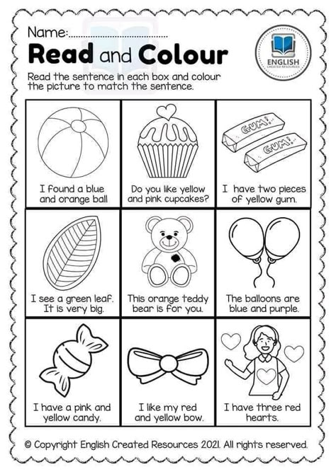 Color Worksheets For Kindergarten, Read And Color Worksheets, Read And Color, Color Worksheet, Second Grade Activities, Kindergarten Phonics Worksheets, Homeschool Preschool Activities, Activity Worksheet, English Activities For Kids