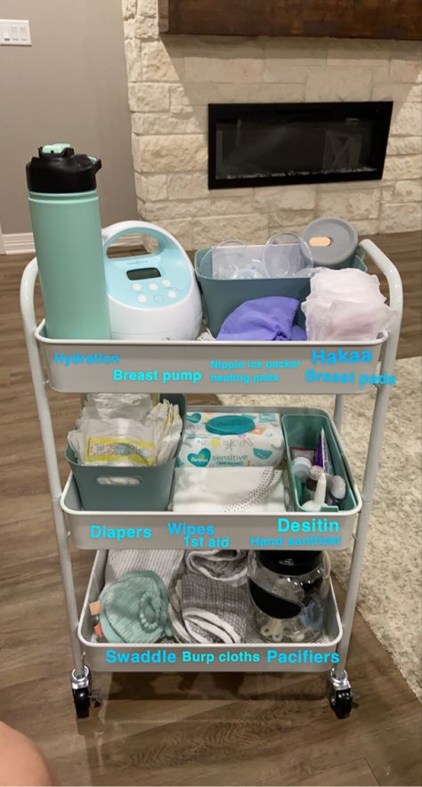 Cart For Newborn, Bedside Nursery Cart Essentials, Organizing Newborn Stuff, Maternity Room Ideas, Nursery Essentials New Moms, Bedside Cart For Baby And Mom, New Mom Bedside Cart, Nursing Cart Organizer Ideas, Storage Cart Nursery