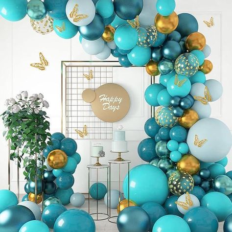 The 168-piece teal balloon garland kit includes a variety of balloons in different sizes and colors, 18-inch blue and pastel blue (2 pcs), 12-inch double-stuffed dark teal (5 pcs), 12-inch blue, pastel blue, and gold confetti balloons (15 pcs), 10-inch blue, pastel blue, teal, double-stuffed dark teal, metallic green, and metallic gold balloons (75 pcs), 5-inch blue, pastel blue, teal, and metallic gold balloons (40 pcs), along with 12 gold butterflies and four balloon tools (balloon arch strip, tying tool, glue points, and ribbon). The double-stuffed dark teal balloons are created by layering two balloons for a rich color effect, but they can be separated for a different shade. Made of high-quality latex, these balloons are durable, safe for children, and suitable for both air and helium Teal Party Decorations, Teal Wedding Decorations, Lpn Graduation, 70th Birthday Ideas For Mom, Moms Birthday Party, Cheers To 60 Years, Teal Balloons, Birthday Ideas For Mom, Pop Up Party