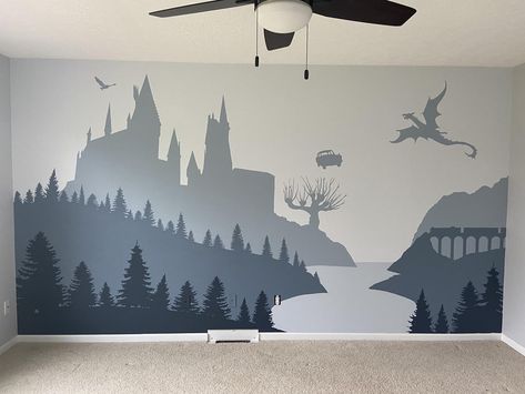 Harry Potter Mural Wall, Hogwarts Mural, Harry Potter Wall Painting, Harry Potter Wall Mural, Harry Potter Baby Room, Harry Potter Mural, Hp Nursery, Harry Potter Baby Nursery, Baby Harry Potter