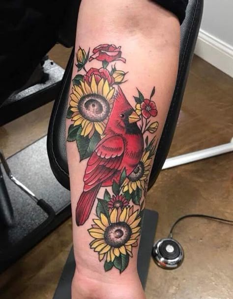 Sunflowers and cardinal tattoo Tattoos Cardinal, Cardnial Tattoo, Thigh Piece Tattoos, Bird Tattoos Arm, Red Bird Tattoos, Cardinal Tattoo, Cardinal Tattoos, Sunflower Tattoo Sleeve, Sunflower Tattoo Shoulder