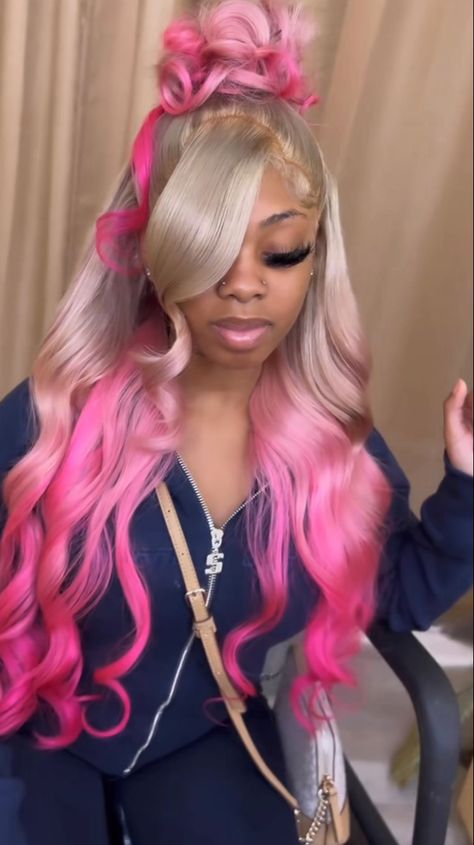 Color On Dark Skin Women Hair, Wigs With Pink Highlights Black Women, 613 Wig With Pink Highlights, Baddie Hairstyles Lace Wig, Pink Wig With Highlights, Blonde Wig With Rainbow Highlights, Pink Root Blonde Hair, Blond Wig With Pink Highlights, Wigs With Color Highlights