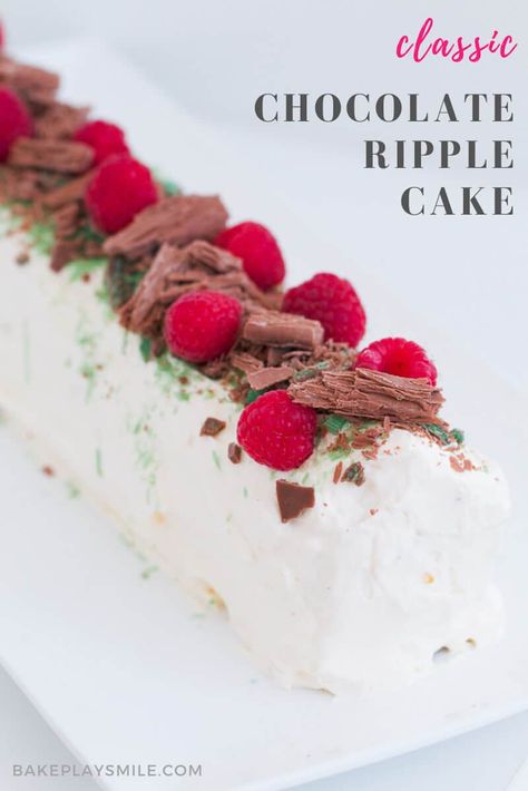 Our classic Chocolate Ripple Cake is an all-time favourite Australian dessert made from whipped cream and chocolate ripple biscuits and decorated with Peppermint Crisp bars, Flakes and raspberries. #chocolate #ripple #cake #dessert #thermomix #conventional #nobake #christmas Chocolate Ripple Cake, Choc Ripple Cake, Chocolate Cherry Tart, Chocolate Ripple Biscuits, Ripple Cake, Australian Desserts, Pavlova Cake, Peppermint Crisp, Baked Donut Recipes