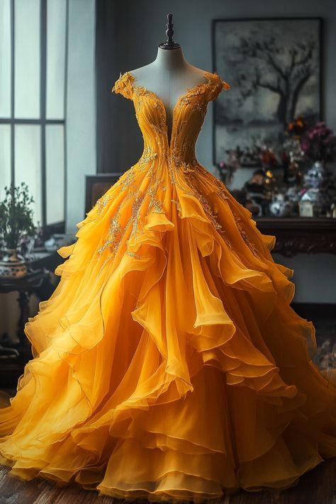 Hi Friends Some Surprise able Thing is waiting for you click on the given below link Hufflepuff Gown, Hufflepuff Yule Ball Gowns, Aesthetic Ball Gowns, Satin Dresses Casual, Yellow Wedding Dress, Tulle Party Dress, Orange Dresses, Fantasy Dresses, Fashion Drawing Dresses