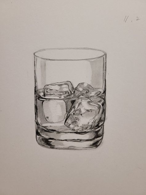 Rocks Glass Drawing, Glass Object Drawing, Glass Cup Drawing, Glass Texture Drawing, Glass Of Water Drawing, Alcohol Sketch, A Level Art Themes, Easy Realistic Drawings, Ice Drawing