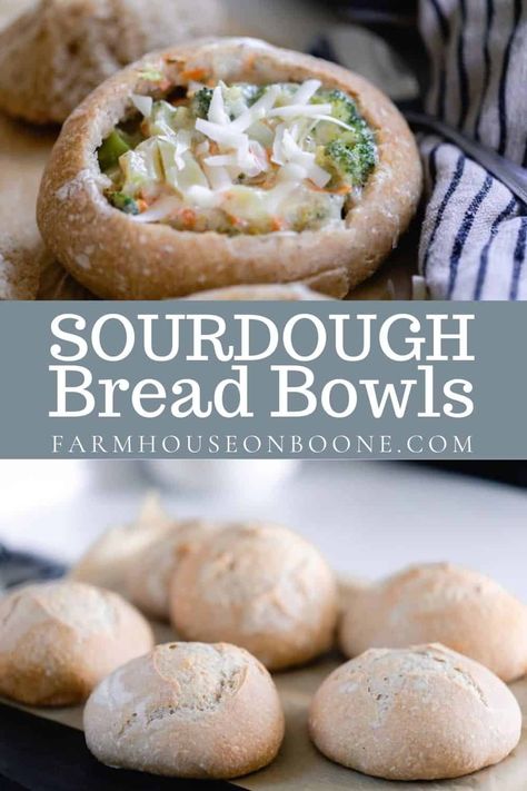 The most delicious homemade sourdough bread bowls, just like ones you would buy from a restaurant. Freshly bake and fill with your favorite soups for a super filling meal. #farmhouseonboone #sourdough #sourdoughbreadbowls #breadbowls Sourdough Bread Bowl Recipe, Panera Bread Bowl, Bread Bowls Recipe, Sourdough Bread Bowls, Bread Bowl Soup, Bread Bowl Recipe, Sourdough Starter Discard Recipe, Homemade Sourdough Bread, Homemade Sourdough