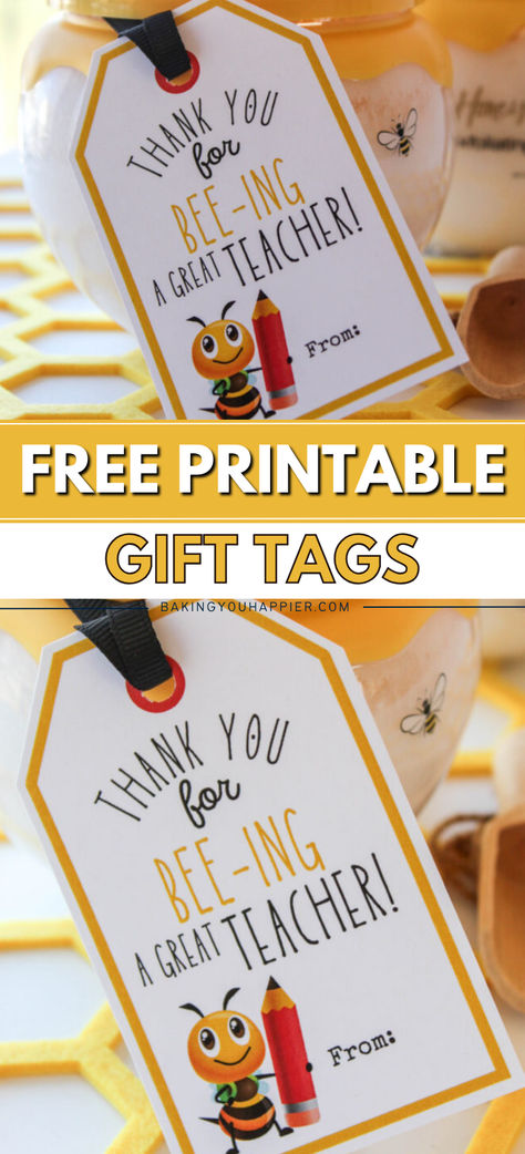 Thank You for Bee-ing a Great Teacher Free Printable Gift Tags, a classroom honey bee themed gift tag for Teacher Appreciation Week! Honey Teacher Gift, Thanks For Bee-ing A Great Teacher, Teacher Appreciation Gift Tags Free, Bee Teacher Gifts, Free Teacher Appreciation Gifts, Easter Teacher Appreciation, Free Teacher Appreciation Printables, Teacher Appreciation Tags, School Gift Ideas