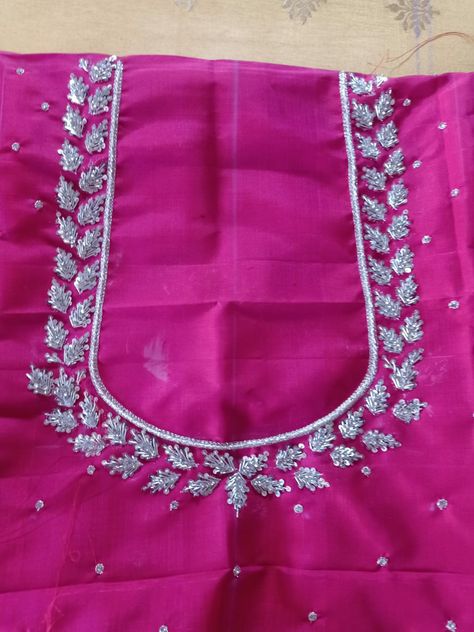 Simple Silver Work Blouse Designs, Zardosi Work Blouse Simple, Silver Work Blouse Designs For Pattu Sarees, Silver Zardosi Work Blouse, Silver Work Blouse Designs, Silver Work Blouse, Short Sleeve Blouse Design, Zardosi Work Blouse, Maggam Designs