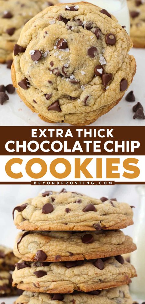 This easy cookie recipe lets you enjoy a giant one all to yourself! Pantry staples are all you need for this simple dessert. With chewy, gooey centers and crispy edges, these Extra Thick Chocolate Chip Cookies are the BEST! Chocolate Chip Cookies With Unsalted Butter, Best Thick Chewy Chocolate Chip Cookies, Chewy Cookie Base Recipe, Super Chewy Cookies, How To Make Cookies Soft And Chewy, Thick And Soft Chocolate Chip Cookies, Puffy Chocolate Chip Cookies Soft, Giant Chewy Chocolate Chip Cookies, Thick Chocolate Chip Cookies Recipe