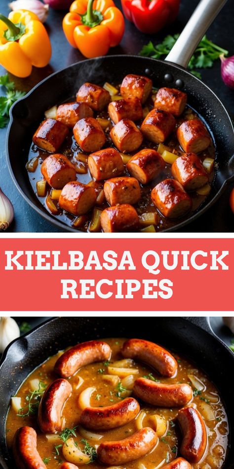 Pinterest pin showcasing various kielbasa recipes for home cooking. The pin features images of kielbasa in a skillet with sweet and sour glaze, and another with beer sauce, onions, and garlic. It aims to inspire users to explore easy and delicious ways to prepare kielbasa Cozy Casseroles, Beer Sauce, Simple Dishes, One Pot Wonders, Easy Meal Ideas, Kielbasa, Quick Dinner Recipes, Busy Lifestyle, Sweet And Sour