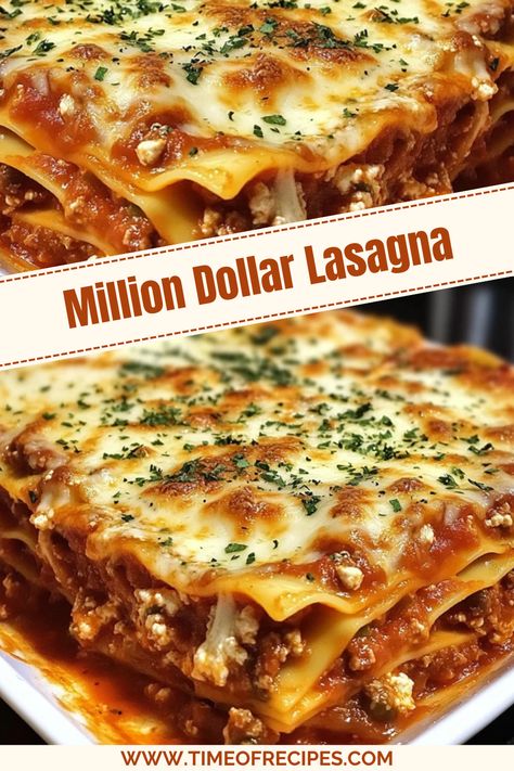 Make the best Million Dollar Lasagna with layers of rich meat sauce, creamy cheese filling, and perfectly baked pasta. This easy homemade lasagna recipe is perfect for family dinners, meal prep, or special occasions. Learn how to make the best lasagna with simple ingredients and expert tips for a delicious, restaurant-quality dish at home! Million Dollar Lasagna Recipe, Million Dollar Lasagna, Cheesy Baked Pasta, Homemade Lasagna Recipe, Easy Homemade Lasagna, Homemade Lasagna Recipes, The Best Lasagna, Sausage Lasagna, Best Lasagna