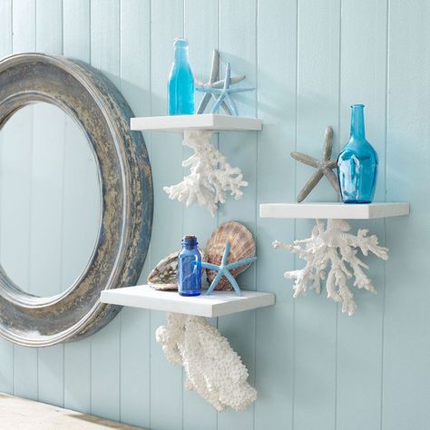 Floating Coral Shelves | 33 Nautical DIYs That Will Transport You To The Beach Coral Shelf, Deco Marine, Beach Theme Bathroom, Nautical Bathrooms, Beach Room, Beachy Decor, Coastal Living Rooms, Beach Bedroom, Beach Bathrooms