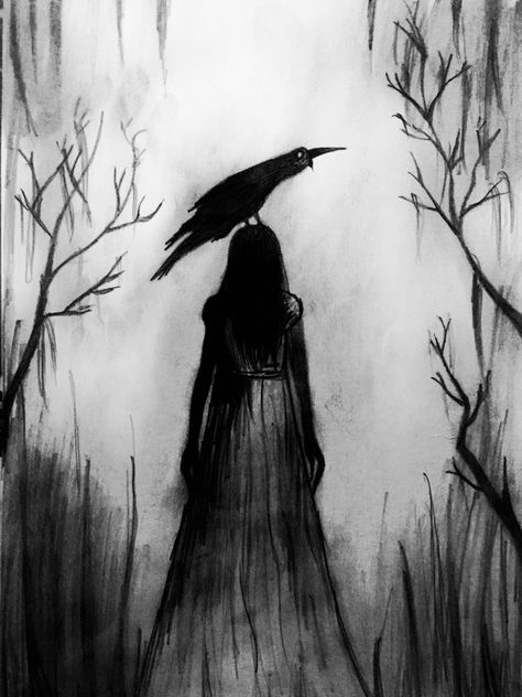 Dark Silhouette Art, Creepy Black And White Drawings, Scary Scenery Drawing, Beginner Charcoal Drawing, Dark Fantasy Sketch, Scary Drawing Ideas Creepy Easy, Dark Paintings Creepy Easy, Dark Watercolor Art Inspiration, Easy Creepy Drawings