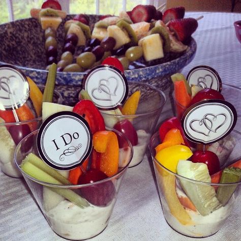 Vegetable cups with my own little twist with the I do's and hearts and fruit kabobs! Perfect bridal shower foods Fruit Cup Ideas, Bridal Shower Fruit, Bridal Shower Foods, Vegetable Cups, Shower Foods, Bridal Shower Bachelorette Party Ideas, Fruit Cup, Hunter Wedding, Friends Bridal