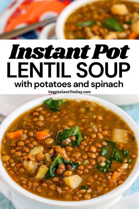 Healthy, cozy, and comforting, lentil soup with potatoes and spinach is easy to make in the Instant Pot. This delicious vegan soup is a family favorite. Save this pin and follow for more of the best recipes! Lentil Potato Soup Instant Pot, Lentil Soup With Potatoes, Lentil Soup With Spinach, Spinach And Potatoes, Impossible Whopper, Instant Pot Lentil Soup, Potatoes In The Instant Pot, Potatoes And Spinach, Soup With Potatoes