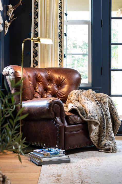 Home Office With Leather Chair, Brown Leather Chair Office, Brown Leather Reading Chair, Leather Chair Reading Nook, Accent Reading Chair, Dark Leather Chair, Leather Library Chair, Big Leather Chair, Cozy Leather Chair