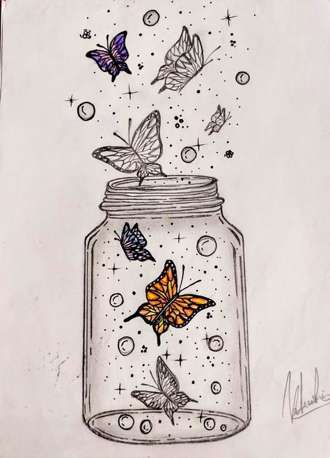 Jar With Butterflies Drawing, Butterfly Jar Drawing, Butterfly In Jar Drawing, Jar Art Drawing, Magazine Drawing Ideas, Little Drawings Aesthetic, Jar Of Butterflies, Art Drawing Ideas, Easy Disney Drawings