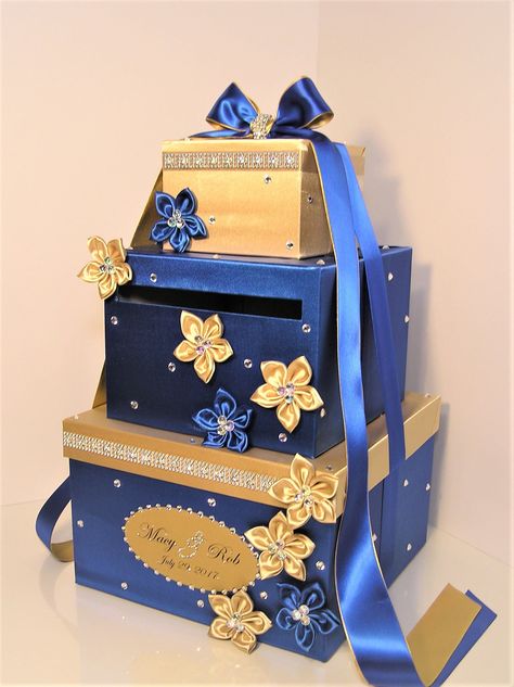 Royal Blue And Gold Quinceanera, Gold Quinceanera Theme, Gold Card Box, Royal Blue Quince, Royal Blue Quinceanera, Sweet 15 Party Ideas, Beauty And The Beast Theme, Money Box Wedding, Quince Decorations