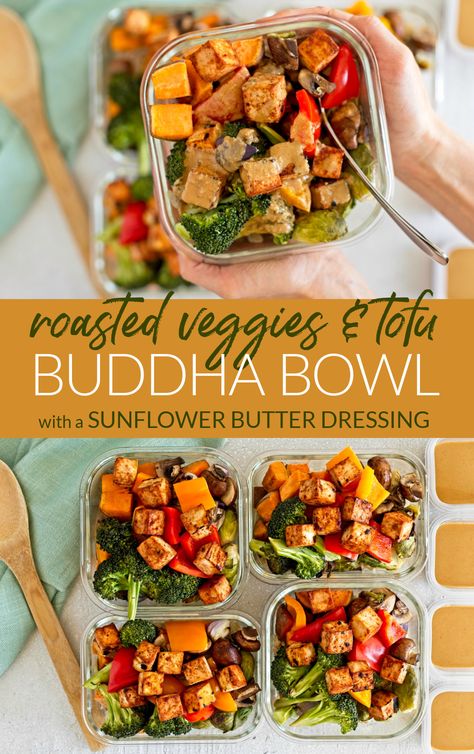 Roasted Veggies And Tofu, Tofu Bowl Meal Prep, Tofu Lunch Prep, Vegan Meal Prep Bowls, Tofu Veggie Bowl, Tofu Meal Prep Ideas, Tofu Power Bowl, Tofu Lunch Meal Prep, Tofu Meal Prep Lunches