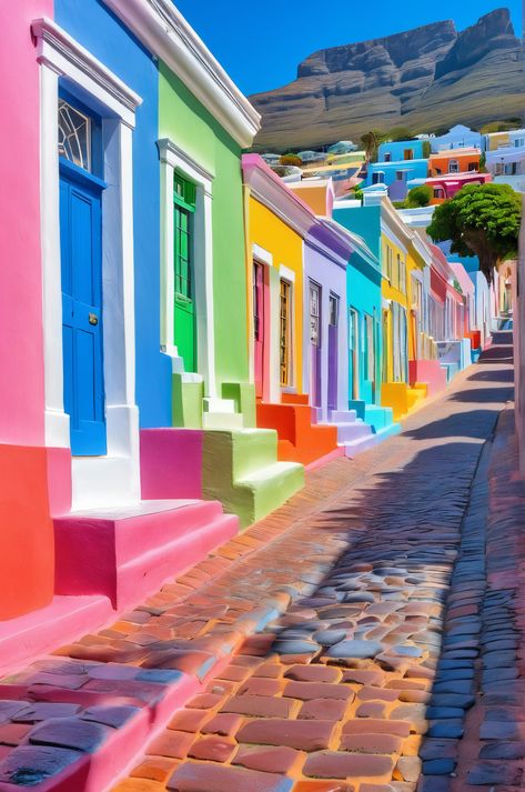 Step into a painter's dream in Bo-Kaap, Cape Town. 🎨 Historic pastel houses, cobblestone streets, and the majestic Signal Hill create a vibrant tapestry of color and culture. #CapeTown #SouthAfrica #BoKaap #Travel Bestie Vacation, Cape Town Photography, Photography 4k, Bo Kaap, Bush Fire, Cape Town Travel, Dream Photos, Cascading Waterfall, Painting Logo