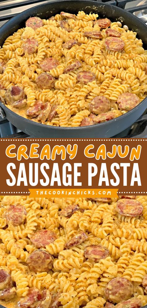 Here's a sausage dinner that doubles as an easy lunch idea! It's a simple pasta recipe with just 5 ingredients. Creamy and packed with flavor, this Cajun Sausage Pasta is sure to be a hit with everyone! Save this cajun recipe! Cajun Sausage Pasta, Smoked Sausage Pasta, Sausage Recipes For Dinner, Cajun Sausage, Resep Pasta, Sausage Dinner, Smoked Sausage Recipes, Quick Pasta Recipes, Cajun Pasta