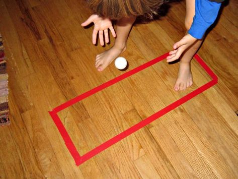 Put a simple tape shape on the floor and your kids will entertain themselves for hours! A great indoor activity for kids! Rectangle Activities For Preschool, Sports Lesson Plans, Floor Games, Sport Crafts, Preschool Shapes, Kids Church Activities, Summer Boredom, Ball Games, Shapes Preschool