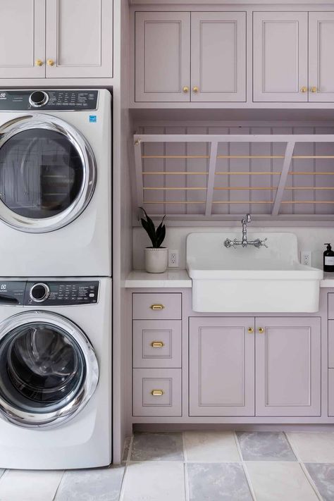 Lavender Laundry Room, Mindy Gayer Design, Laundry Room Paint Color, Pink Laundry Rooms, Laundry Room Paint, Laundry Room Colors, Lavender Laundry, Laundry Room Renovation, Laundry Room Remodel