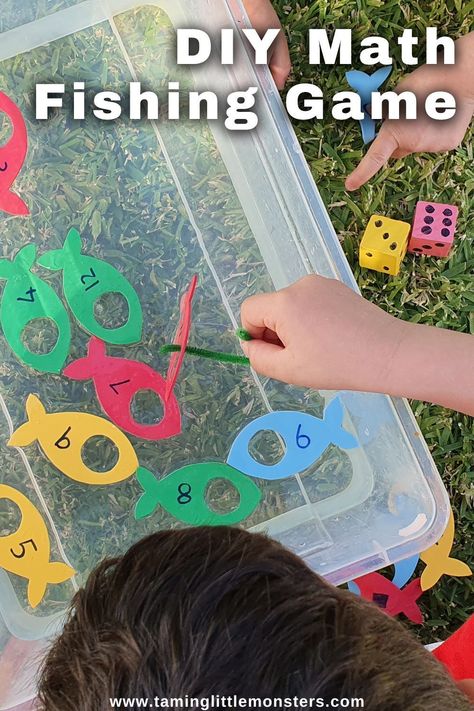 Easy DIY Math Fishing Game for Kids. Help toddlers and preschoolers develop fine motor skills while they learn to count, recognize numbers and do some basic addition. Perfect for summer or ocean themed units. #summer #math #STEM #DIY #toddler #preschool #kindergarten Water Activities For Kids, Fishing Games For Kids, Summer Math Activities, Number Activities Preschool, Easy Math Activities, Toddler Math, Summer Safety, Math Activities For Kids, Summer Math