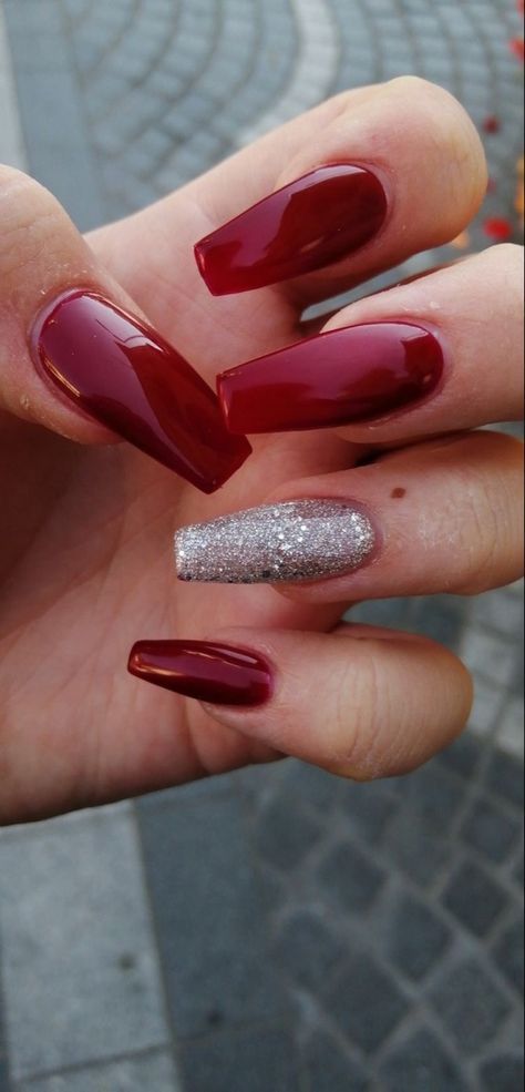 Burgundy With Silver Nails, Burgundy Nails With Silver Glitter, Red And Silver Nails Coffin, Red And Red Glitter Nails, Red Nail Designs Homecoming, Red Nails And Glitter, Red Nails Acrylic With Glitter, Burgundy Formal Nails, Red With Silver Glitter Nails