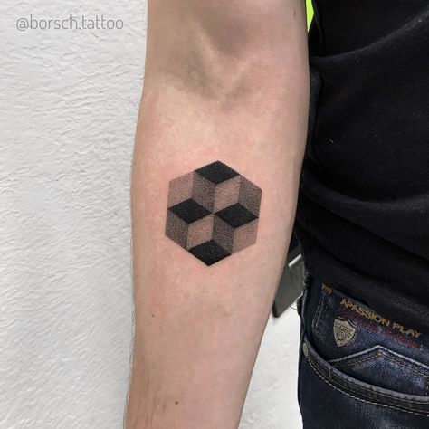 Simple Dot Work Tattoo, Perspective Tattoo Illusions, Small Dotwork Tattoo, Dot Shading Tattoo, R.i.p Tattoos For Men, Tattoo Puntillismo, Stipple Tattoo, Cube Tattoo, Skeleton Hand Tattoos