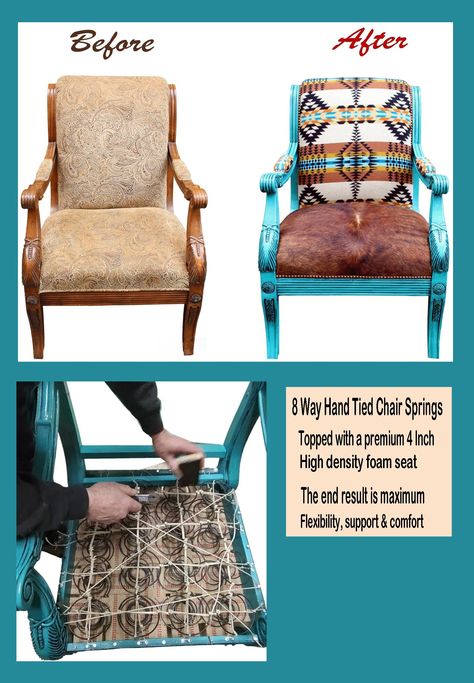 Western Furniture Ranch Style, Western Chairs, Southwestern Chairs, Chair Reupholster, Western Chair, Western House, Cowhide Upholstery, Cowhide Furniture, Cowhide Chair