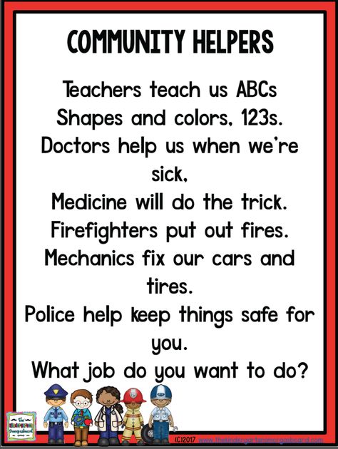 Community helper theme!  Click this link to get your free community helpers poem for shared reading! Prek Community Helpers, Community Helpers Lesson Plan, Community Helpers Activity, Preschool Community Helpers Theme, Community Helpers Week, Community Helpers Preschool Crafts, Community Helper Lesson, Community Helpers Kindergarten, Preschool Community Helpers