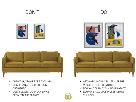 Hanging art can come with it challenges. Luckily, our Interior Designer, Cassie, put together a few visuals and tips to help you hang art like a pro! Below, you will find a few examples of the most common mistakes we see when it comes to placement and spacing and examples of how to correct them. Wall Art Living Room Behind Couch, Prints Above Sofa, Two Pictures Above Sofa, Picture Above Sofa, Pictures Over Sofa Ideas, Paintings Behind Sofa, Artwork Over Sofa, Art Size Above Couch, Wall Art Over Sofa