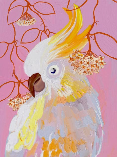 Painting of a cockatoo Bird Prints Art, Cockatoo Painting Acrylic, Galah Cockatoo Painting, Cockatoo Painting, Cockatiel Watercolor Painting, Cockatoo Art, Pink Cockatoo Art, Eclectic Art Prints, Flowers In Vase