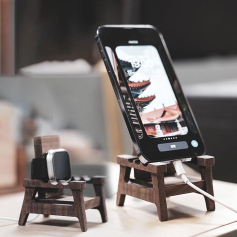 Mini Chair Phone Holder - Black Walnut Wood - New Arrives - FeelGift Cellphone Holder, Mini Chair, Cool Couches, Wooden Items, Cafe House, Black Walnut Wood, Apartment Balcony, Apartment Balcony Decorating, Wfh Setup