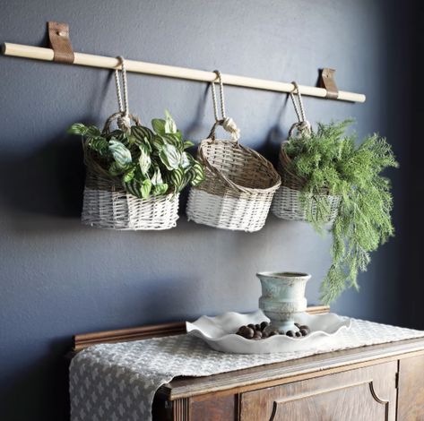 Baskets Hanging On Wall, Wall Basket Plant Decor, Hanging Plant Baskets On Wall, Bedroom Basket Decor, Garden Wall Hanging Ideas, Diy Hanging Wall Baskets, Hanging Basket Wall Decor, Plant Wall Basket, Wall Of Baskets