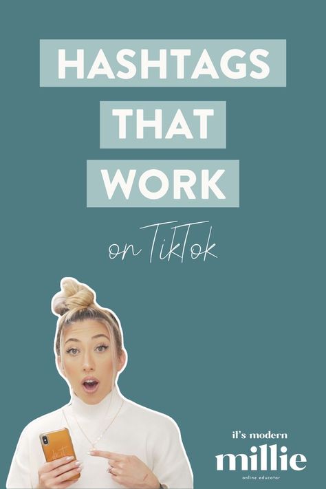 A Pinterest graphic with text that reads: Hashtags that work on TikTok! By It's Modern Millie featuring a cut out picture of Millie pointing at her phone. Hashtag Strategy, Tiktok Growth, Cool Hashtags, Go Viral On Tiktok, Social Media Course, Social Media Content Strategy, Engagement Videos, Engagement Tips, Social Media Management Services