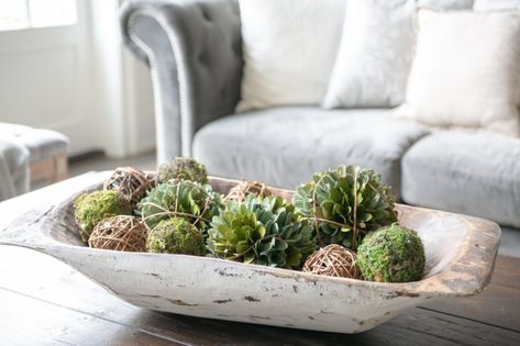 How To Style A Dough Bowl For Every Season - Sanctuary Home Decor Basket Fillers Decor Living Rooms, Spring Dough Bowl Ideas, Dough Bowl Ideas, Style A Dough Bowl, Bowl Styling, Wooden Bowls Decor, Sanctuary Home Decor, Dough Bowl Centerpiece, Sanctuary Home