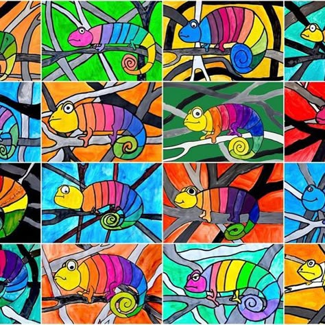 Cameleon Art, Square One Art, Rainbow Chameleon, Trin For Trin Tegning, Square 1 Art, Chameleon Art, Art Fundraiser, First Grade Art, 2nd Grade Art