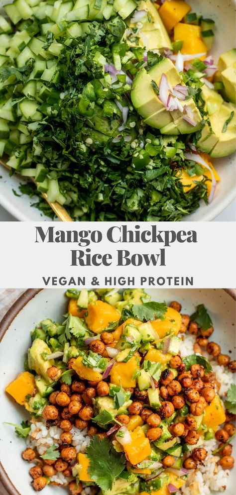 This Mango Chickpea Salad is packed with protein and fresh citrusy flavor. Served over high protein tofu rice to make this easy weeknight meal super satisfying. Tofu Rice, Tasty Vegetarian Recipes, Läcker Mat, Chickpea Salad, Easy Weeknight, Summer Dinner, Rice Bowl, Vegetarian Dinner, Vegan Dinner Recipes