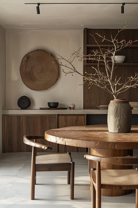 Create a cohesive Japandi Dining Room. Discover how to select decor and furniture that seamlessly integrate, fostering a balanced and inviting atmosphere in your dining space. 🌿🍽️ Japandi Interior Dining Room, Japandi Style Dining Room, Dining Room Japandi, Japandi Dining Table, Wabi Sabi Dining Room, Interior Design Japandi, Japandi Dining Room Design, Japandi Style Interior Design, Japandi Dining Room