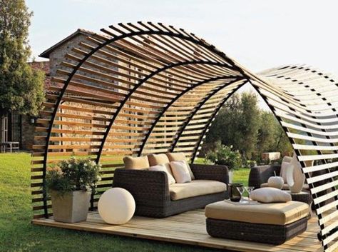 Dome  This option can be made in numerous different ways, but it’s still a great idea for blocking out the annoying sun! Build it up and around your patio and make it out of whatever material you want. Just make sure it’s sturdy enough to not collapse on you and your guests! Easy Diy Shade Structure, Creative Shade Ideas Outdoor, Sun Blocking Patio Ideas, Shade Design Outdoor, Cool Outdoor Furniture, Shade Ideas For Backyard, Garden Shade Ideas, Outdoor Shade Ideas, Outdoor Shade Structures