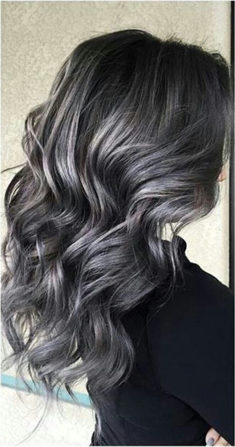 Soft smokey silver/grey highlights on dark hair ♡ Dark Gray Hair, Grey Highlights, Gorgeous Gray Hair, Silver Hair Color, Dark Hair With Highlights, Silver Grey Hair, Gray Hair Highlights, Super Hair, Trendy Hair Color