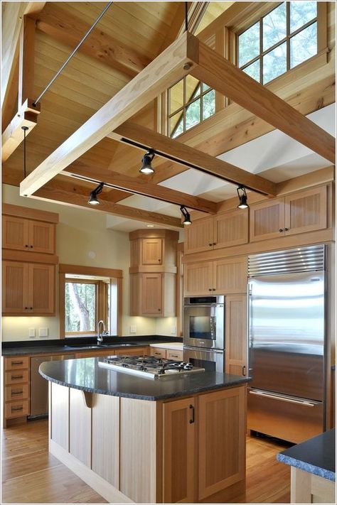 put track lighting on beams over your kitchen if there are any Rafter Lighting, Kitchen Cabinets Light Wood, Cabin Livingroom, Church Lighting, Maple Kitchen Cabinets, Attic Lighting, Exposed Rafters, Maple Kitchen, Attic Design