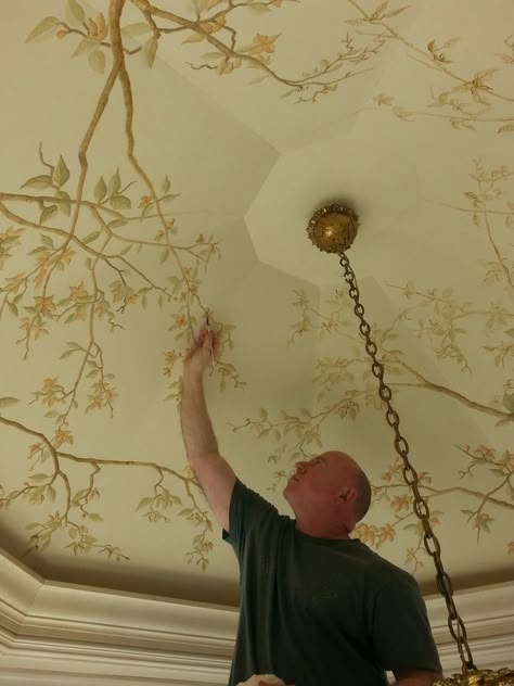 Ceiling mural in progress. Ceiling Fresco Paintings, Ceiling Painting Art, Diy Ceiling Mural, Painted Ceiling Ideas Murals, Ceiling Mural Wallpaper, Ceiling Murals Bedroom, Ceiling Art Diy, Bedroom Ceiling Mural, Ceiling Mural Ideas